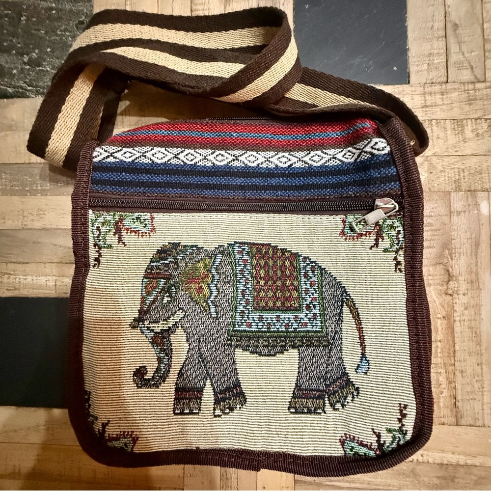 Handcrafted Elephant Tapestry Crossbody Bag - Brown & Multicolor